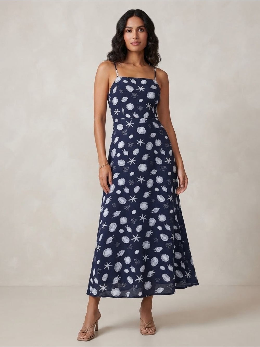 1. State Navy and White Shell-Print Maxi Dress with Spaghetti Straps